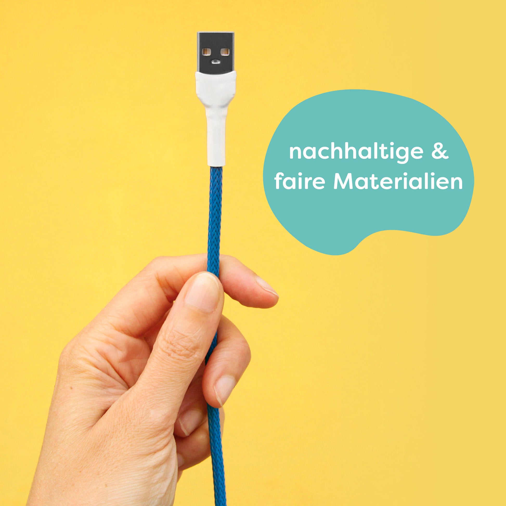 Für die Herstellung werden nachhaltige und faire Materialien verwendet. Darstellung:  Es wird ein recable mitsamt eines USB-A-Anschlusses  in den Farben blau und weiß gezeigt.