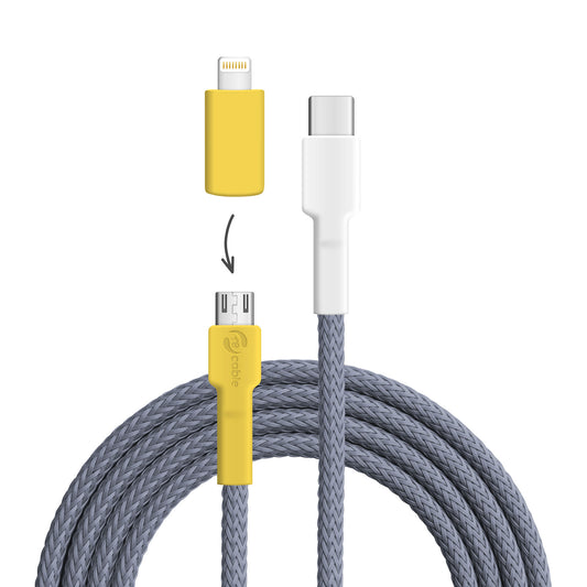 USB-Kabel, Design: Gelb­kehlvireo, Anschlüsse: USB C auf Micro-USB mit Lightning Adapter (nicht verbunden)